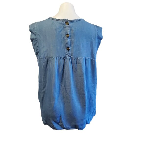 Knox Rose Womens Blue Boho Floral Embroidered Sleeveless Chambray Top Med - Picture 4 of 10